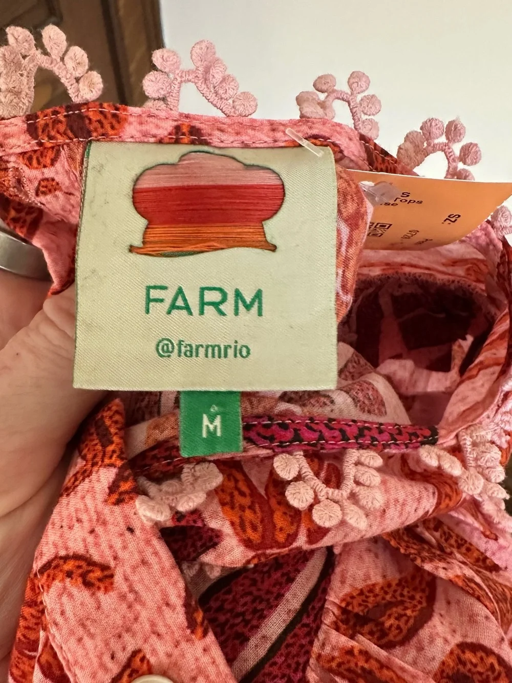 Farm Rio Puff Sleeve Blouse Pink Tropical Floral Print, Size Medium